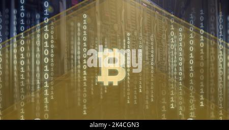 Composition of bitcoin symbol and binary coding processing on yellow background. global cryptocurrency, technology, data processing and digital interf Stock Photo