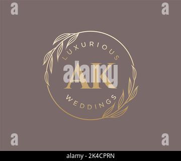 AK Initials letter Wedding monogram logos template, hand drawn modern minimalistic and floral templates for Invitation cards, Save the Date, elegant Stock Vector