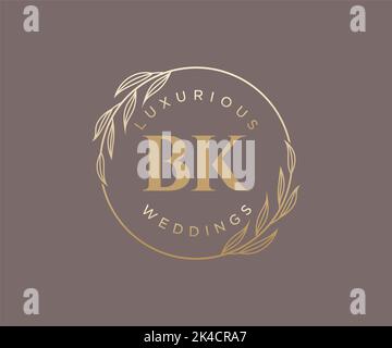 BK Initials letter Wedding monogram logos template, hand drawn modern minimalistic and floral templates for Invitation cards, Save the Date, elegant Stock Vector