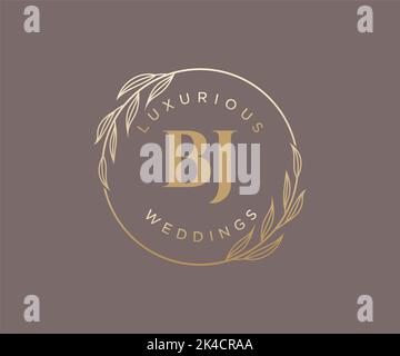BJ Initials letter Wedding monogram logos template, hand drawn modern minimalistic and floral templates for Invitation cards, Save the Date, elegant Stock Vector