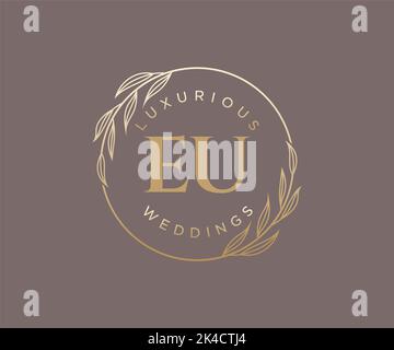 EU Initials letter Wedding monogram logos template, hand drawn modern minimalistic and floral templates for Invitation cards, Save the Date, elegant Stock Vector