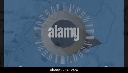 Image of circular grey scanner processing over part of blue map. Communication, network, data and digital interface concept digitally generated image. Stock Photo