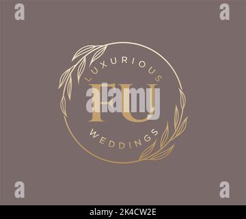 FU Initials letter Wedding monogram logos template, hand drawn modern minimalistic and floral templates for Invitation cards, Save the Date, elegant Stock Vector