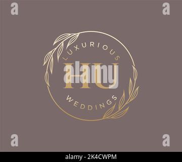 HU Initials letter Wedding monogram logos template, hand drawn modern minimalistic and floral templates for Invitation cards, Save the Date, elegant Stock Vector