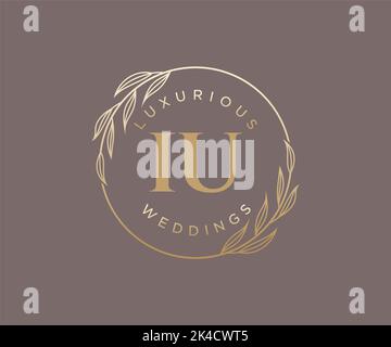 IU Initials letter Wedding monogram logos template, hand drawn modern minimalistic and floral templates for Invitation cards, Save the Date, elegant Stock Vector