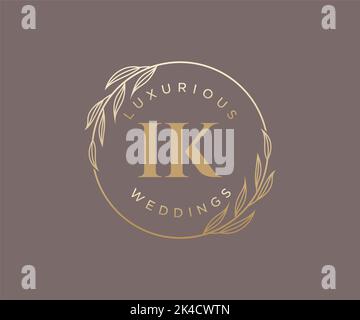 IK Initials letter Wedding monogram logos template, hand drawn modern minimalistic and floral templates for Invitation cards, Save the Date, elegant Stock Vector