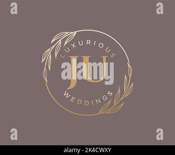 JU Initials letter Wedding monogram logos template, hand drawn modern minimalistic and floral templates for Invitation cards, Save the Date, elegant Stock Vector