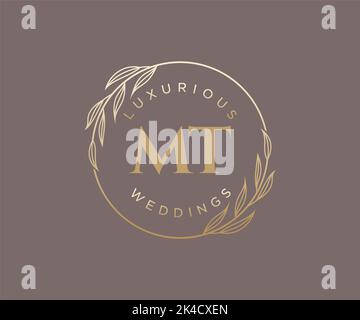 MT Initials letter Wedding monogram logos template, hand drawn modern minimalistic and floral templates for Invitation cards, Save the Date, elegant Stock Vector
