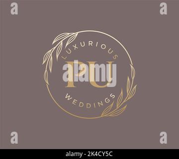 PU Initials letter Wedding monogram logos template, hand drawn modern minimalistic and floral templates for Invitation cards, Save the Date, elegant Stock Vector