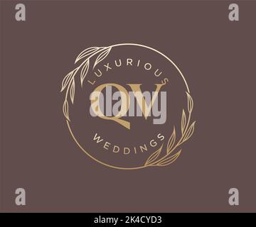 QV Initials letter Wedding monogram logos template, hand drawn modern minimalistic and floral templates for Invitation cards, Save the Date, elegant Stock Vector