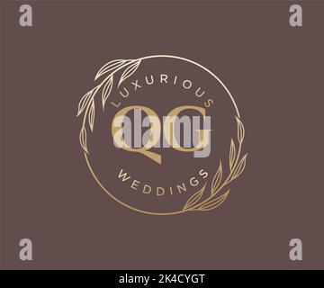 QG Initials letter Wedding monogram logos template, hand drawn modern minimalistic and floral templates for Invitation cards, Save the Date, elegant Stock Vector