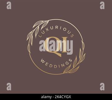 QI Initials letter Wedding monogram logos template, hand drawn modern minimalistic and floral templates for Invitation cards, Save the Date, elegant Stock Vector