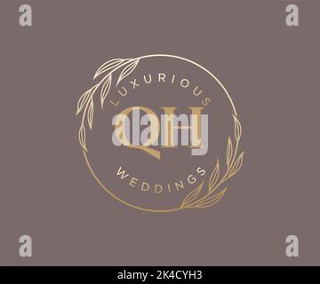 QH Initials letter Wedding monogram logos template, hand drawn modern minimalistic and floral templates for Invitation cards, Save the Date, elegant Stock Vector