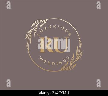 RU Initials letter Wedding monogram logos template, hand drawn modern minimalistic and floral templates for Invitation cards, Save the Date, elegant Stock Vector