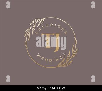TJ Initials letter Wedding monogram logos template, hand drawn modern minimalistic and floral templates for Invitation cards, Save the Date, elegant Stock Vector