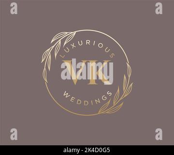 VK letter Wedding monogram logos template, hand drawn modern minimalistic and floral templates for Invitation cards, Save the Date, elegant Stock Vector