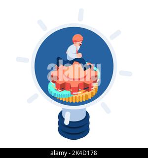 Flat 3d Isometric Businessman Working Hard Inside Light Bulb. Business Idea Concept. Stock Vector