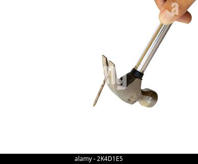 Holding hammer in hand pulling nail on white isolated background Stock Photo