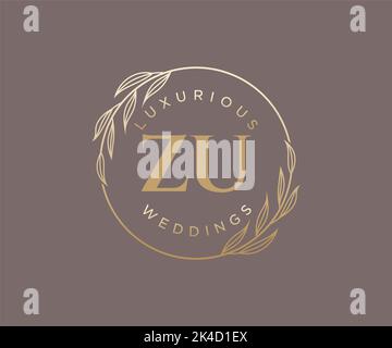 ZU Initials letter Wedding monogram logos template, hand drawn modern minimalistic and floral templates for Invitation cards, Save the Date, elegant Stock Vector
