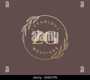 ZG Initials letter Wedding monogram logos template, hand drawn modern minimalistic and floral templates for Invitation cards, Save the Date, elegant Stock Vector