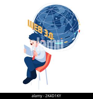 Flat 3d Isometric Businessman with Web 3.0 World Globe. Web 3.0 Technology and Blockchain Concept. Stock Vector