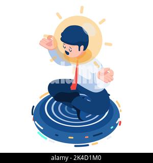 Flat 3d Isometric Businessman doing Meditation with Light Bulb on His Head. Business Idea and Innovation Concept. Stock Vector