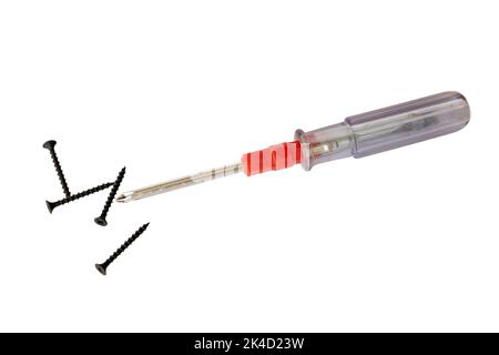 Screwdriver with black screw on white isolated background Stock Photo