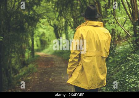A man in a yellow coat and black hat looking at a pathway through a forest Stock Photo