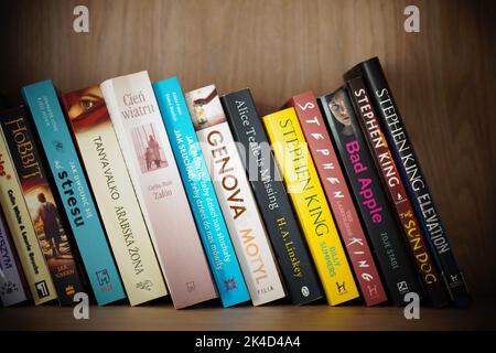 A closeup of row of books including Stephen King on a wooden shelf. Stock Photo
