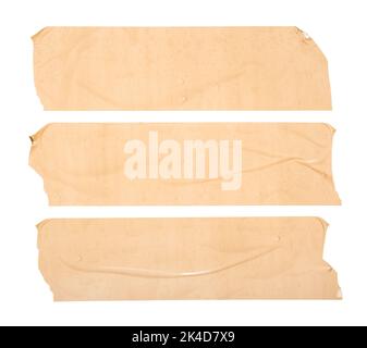 Set of Blank packing Adhesive tape isolated on white background. Wrinkled pieces of sticky tape and corner with ripped edges. Template mock up Stock Photo