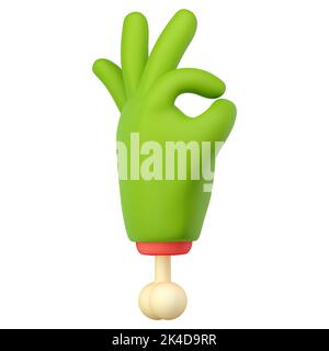 3d zombie hand in plastic cartoon style. Ok fingers gesture. Green monster Halloween character palm with bone. High quality isolated render Stock Photo