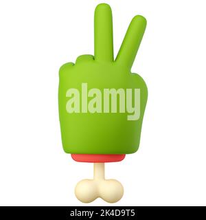 3d zombie hand in plastic cartoon style. Peace fingers gesture. Green monster Halloween character palm with bone. High quality isolated render Stock Photo