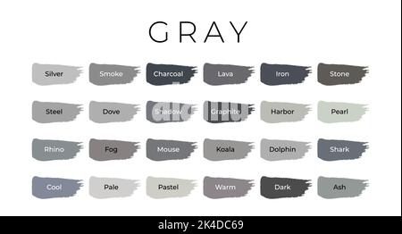 Gray Paint Color Swatches with Shade Names on Brush Strokes Stock Vector