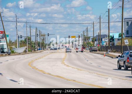 Fort Myers, FL, USA - October 1, 2022: Long shot down San Carlos Blvd Fort Myers Hurricane Ian aftermath Stock Photo