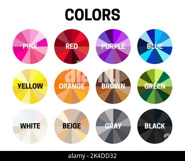 Colors Illustration with Pink, Red, Purple, Blue, Yellow, Orange, Brown, Green, White, Beige, Gray and Black Color Shade Wheels Isolated on White Back Stock Vector