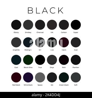 Black Color Shades Swatches Palette with Names Stock Vector