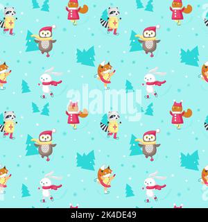 Vector seamless pattern with cute ice skating animals Stock Vector