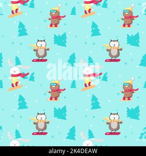 Vector seamless pattern with cute animals snowboarding Stock Vector