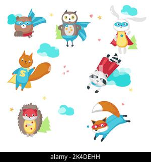 Superhero animals. Vector illustration isolated on white background. Cute little raccoon, rabbit, bear, owl, fox, squirrel and hedgehog in super hero Stock Vector