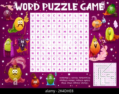 Cartoon fruit wizard, warlock, magician and sorcerer word search puzzle game worksheet kids quiz grid. Vector durian, grape, pear and figs, feijoa, melon, papaya, carambola, lichi, mandarin Stock Vector