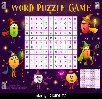 Word search puzzle game, micronutrients wizard and mage characters, vector quiz. Kids riddle grid worksheet to search and find word of micronutrient mineral pills, zinc, natrium and manganese sorcerer Stock Vector