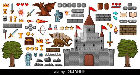 8bit pixel art game icons, medieval knight, dragon, castle and oak, coins and hearts, buttons and armor game interface items. Vector fantasy elements of RPG, isolated objects and sprites asset Stock Vector