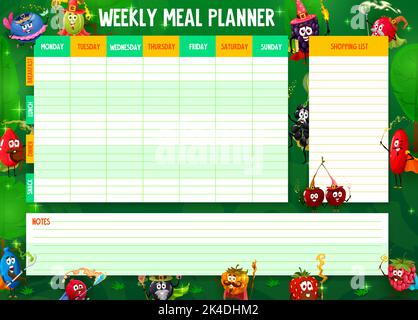 Weekly meal planner. Cartoon berry pirates and corsairs on island. Meal ...