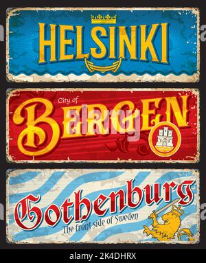 Helsinki, Bergen, Gothenburg city travel stickers and plates, vector tin signs. Finland, Norway and Sweden cities tourism banners, destination luggage tags and travel baggage labels with landmarks Stock Vector