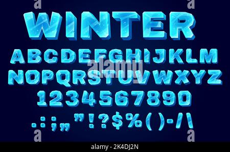 Ice crystal font, typeface, type alphabet. Cartoon vector abc letters, blue uppercase characters, digits and signs. Winter frozen english or latin font, isolated typeset, ice type Stock Vector