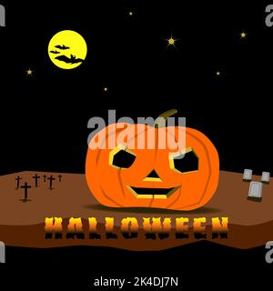 Happy Halloween party invitation background with bats, moon and pumpkin 2d style. Vector illustration. Full moon in dark sky. Stock Vector