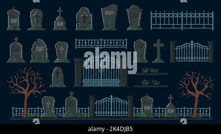 Cemetery 8 bit pixel game asset. Gravestone, fence, graveyard and halloween landscape. Isolated vector pixelized retro funeral tombstone, headstone, trees, plants and metal fencing with gates Stock Vector