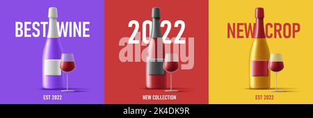 posters for new wine season or testing event with 3d monochrome render bottle and glass, templates in three colors Stock Vector