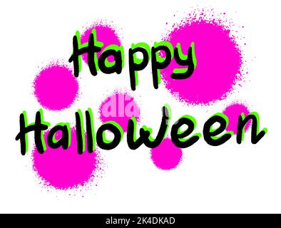Happy Halloween lettering with bright pink neon spots for greeting card. Doodle and street graffiti style. Vector illustration. Stock Vector