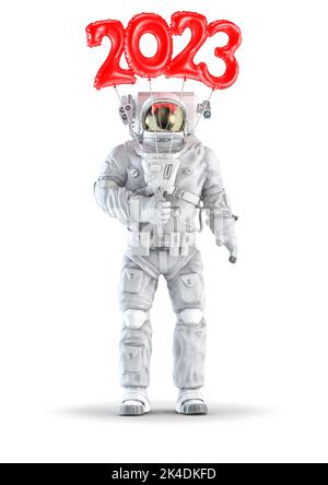 Astronaut with 2023 balloon - 3D illustration of space suit wearing male figure holding red plastic number year 2023 balloons isolated on white studio Stock Photo